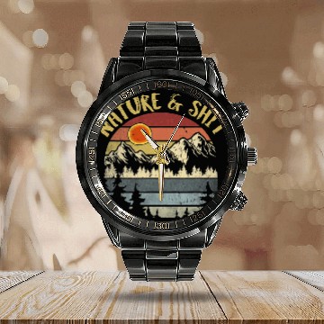 Discover Nature And Shit Vintage Mountains Hiking Camping Calendar Steel Band Watch