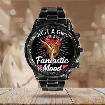 Discover Scottish Highland Cattle Cow Calendar Steel Band Watch