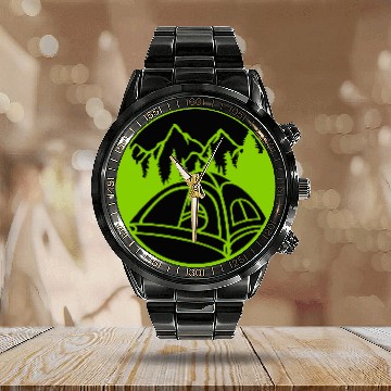 Discover circle mountains camping forest Calendar Steel Band Watch