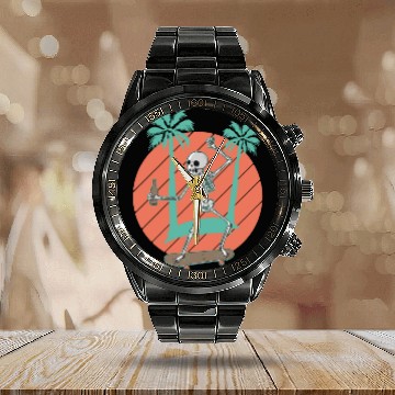 Discover Skateboarding Skeleton Skater Palms and Drink Calendar Steel Band Watch
