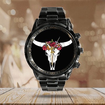Discover Floral bull skull Calendar Steel Band Watch