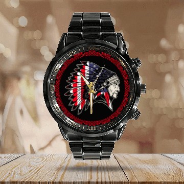Discover Native American Chief US Flag Indian Calendar Steel Band Watch