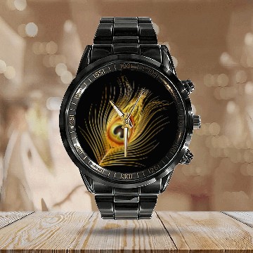 Discover hand drawn gold colored peacock feather Calendar Steel Band Watch