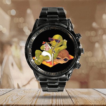 Discover Summer turtle naked on the beach with cocktail Calendar Steel Band Watch