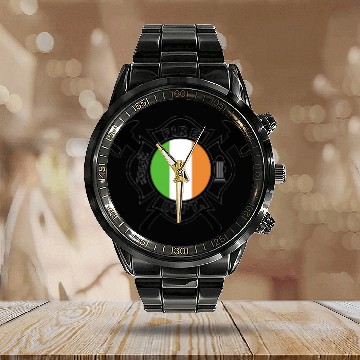 Discover Firefighter Maltese (black) with Irish Flag Calendar Steel Band Watch