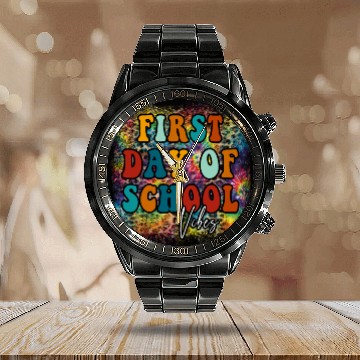 Discover First Day Of School Vibes Rainbow Design tie dye Calendar Steel Band Watch
