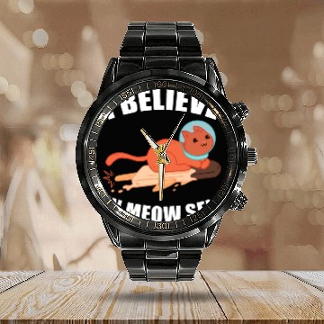 Discover I Believe In Meow Self Funny Astronaut Cat Calendar Steel Band Watch