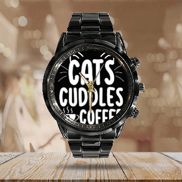 Discover Cats Coffee Funny Cute Cat Lover Kitty Mom Dad Calendar Steel Band Watch