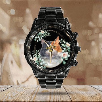 Discover Calico Cat in a Floral Gold Wreath Frame Calendar Steel Band Watch