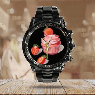 Discover Strawberry Cupcakes Calendar Steel Band Watch