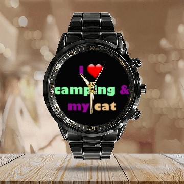 Discover camping and my cat is my best habits Calendar Steel Band Watch