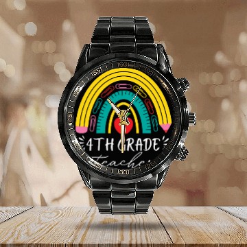 Discover 4th grade teacher back to school rainbow pencil Calendar Steel Band Watch