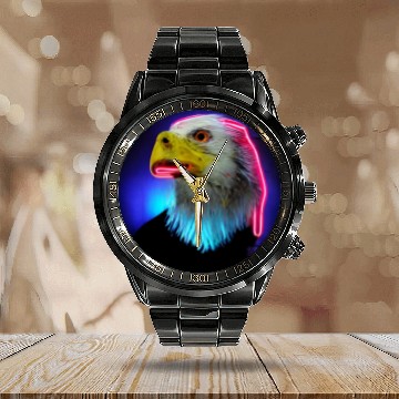 Discover i love america neon bright lightsamerican eagle Calendar Steel Band Watch