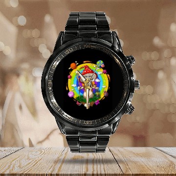 Discover Psychedelic Hippie Mushroom Wizard Calendar Steel Band Watch