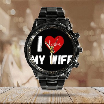 Discover I Love My Wife Funny design Classic Calendar Steel Band Watch
