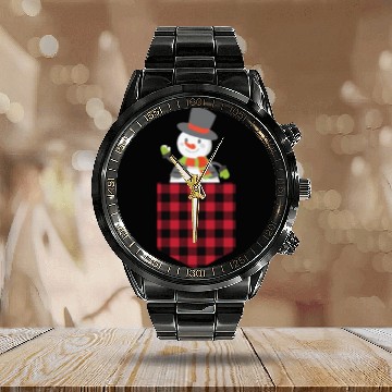 Discover Christmas Cute Snowman In Buffalo Plaid Pocket Calendar Steel Band Watch