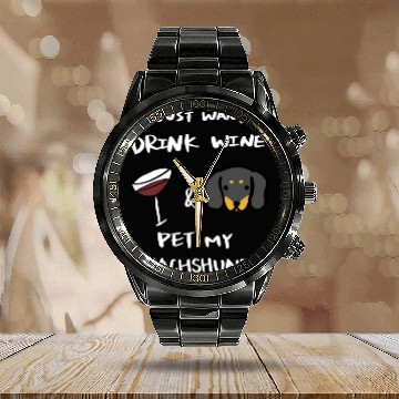 Discover Drink Wine And Pet My Dachshund Calendar Steel Band Watch