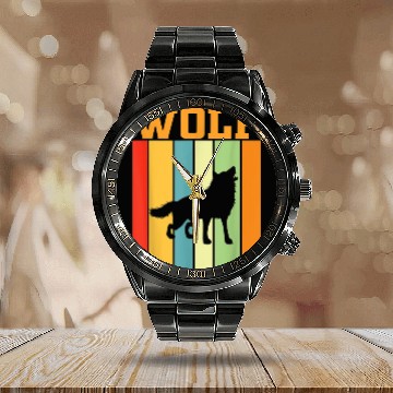 Discover wolf Shadow silhouette in Retro Colors Calendar Steel Band Watch