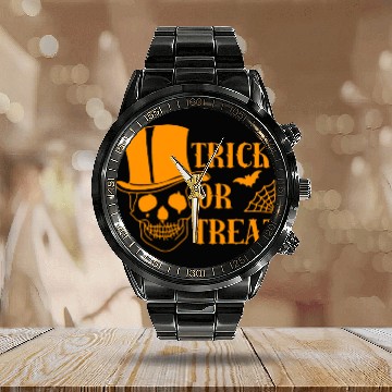 Discover Trick Treat Spider Net Bat Skull Scary Halloween Calendar Steel Band Watch