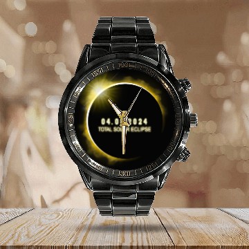 Discover Total Solar Eclipse 4.08.24 Totality Solar Eclipse Calendar Steel Band Watch