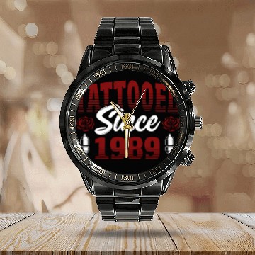 Discover Tattooed Since 1989 Red Rose-Themed Tattoo Ink Calendar Steel Band Watch