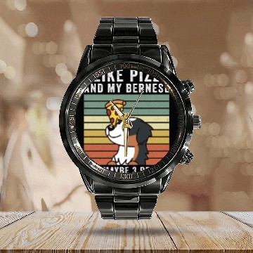 Discover I Like Pizza And My Bernese Mountain Dog Calendar Steel Band Watch