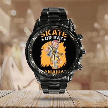 Discover Skate Or Eat Bananas Chimpanzee Monkey Skater Calendar Steel Band Watch