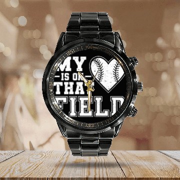 Discover My Heart Is On That Field For Baseball Mom Dad Calendar Steel Band Watch