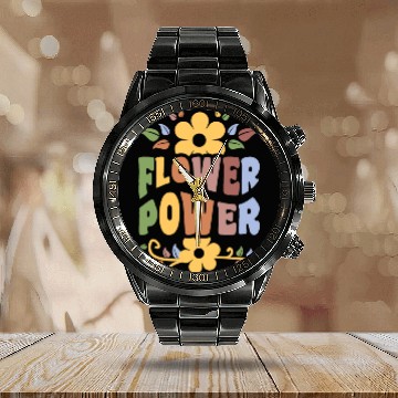 Discover Flower Power 1960's Hippie Floral Funny Saying Calendar Steel Band Watch