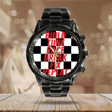 Discover Build Tune Race Break Fix Repeat Calendar Steel Band Watch, Race Day