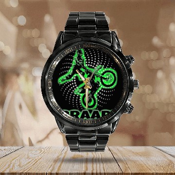 Discover Braap Green Motocross Dirt Bike Calendar Steel Band Watch