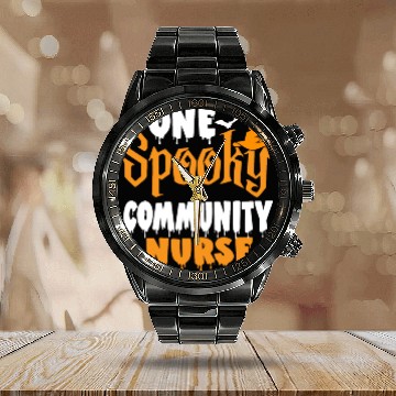 Discover One Spooky Community Nurse Funny Creepy Halloween Calendar Steel Band Watch