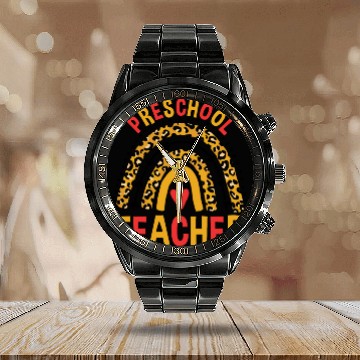 Discover Back To School Leopard Preschool Teacher Rainbow Calendar Steel Band Watch