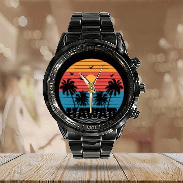 Discover Retro Vintage Sunset Surfing Style Hawaii Calendar Steel Band Watch