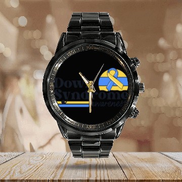 Discover Down Syndrome Awareness Retro Sunset Yellow Blue Calendar Steel Band Watch
