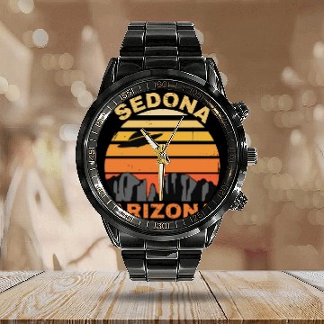 Discover Sedona Arizonna Retro Sunset and UFO Calendar Steel Band Watch