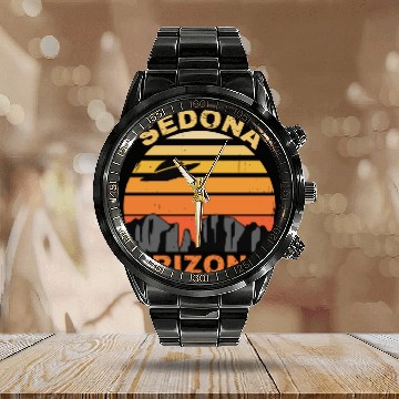 Discover Sedona Arizonna Retro Sunset and UFO Calendar Steel Band Watch
