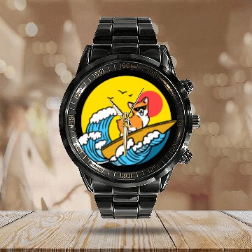 Discover Surfing Corgi for Welsh Corgi Lover Calendar Steel Band Watch