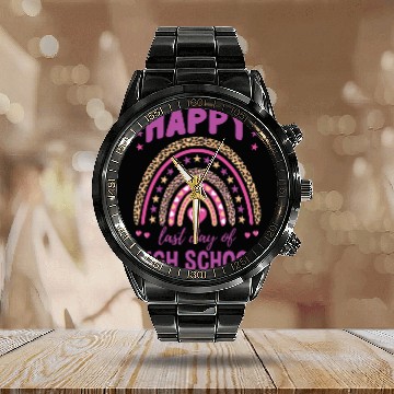 Discover Happy Last Day Of High School Leopard Rainbow Calendar Steel Band Watch