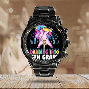 Discover Back To School Dabbing Unicorn Rainbow 4th Grade Calendar Steel Band Watch