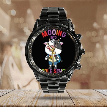 Discover Mooing Into Middle School Cow Calendar Steel Band Watch