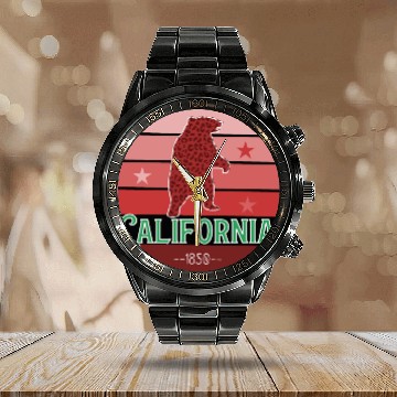 Discover California Bear Flag Calendar Steel Band Watch