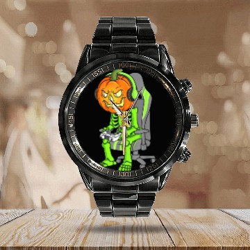Discover Gaming Halloween Skeleton Jack O Lantern Gamer Boy Calendar Steel Band Watch