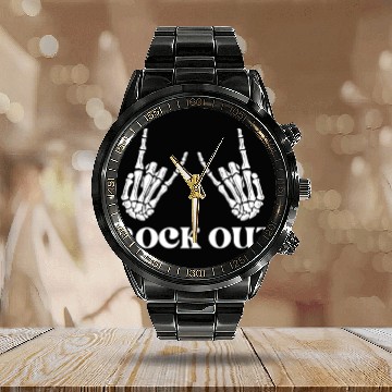 Discover rock and roll rock out skeleton hand peace sign Calendar Steel Band Watch