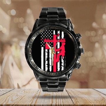 Discover Lineman USA American Flag Calendar Steel Band Watch