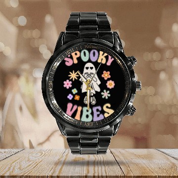 Discover Spooky Season Retro Vintage Floral Halloween Calendar Steel Band Watch
