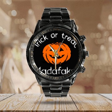 Discover Halloween smiling pumpkin trick or treat madafakas Calendar Steel Band Watch