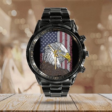 Discover Bald Eagle - American Flag - Patriotic Calendar Steel Band Watch