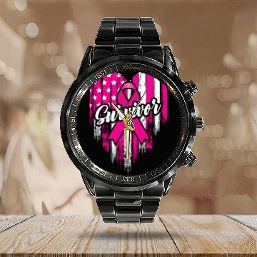 Discover Breast Cancer Survivor Pink Ribbon American Flag Calendar Steel Band Watch