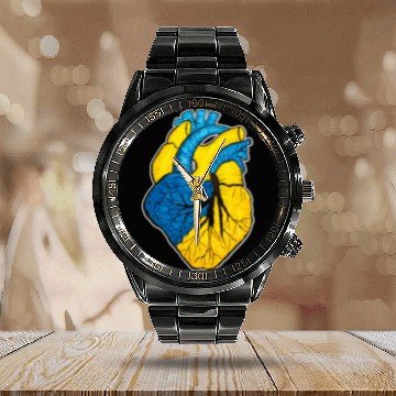 Discover Ukrainian heart. Stand with Ukraine. UA flag Calendar Steel Band Watch